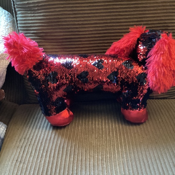 Valentines Black and Red Hearts Sequin DACHSHUND Reverse Plush Dog Weiner Retro - Picture 3 of 6